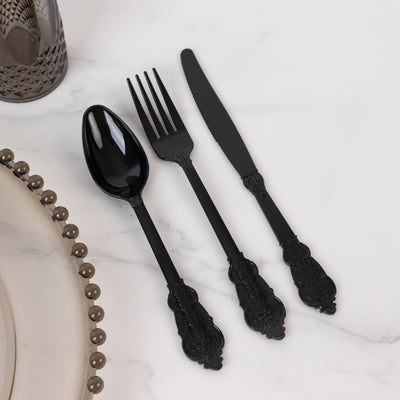 72 Pcs Plastic Silverware Set Black in Baroque Style - Heavy Duty Disposable Knife, Fork, and Spoon Set