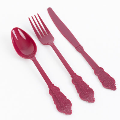 72 Pcs Plastic Silverware Set Burgundy in Baroque Style - Heavy Duty Disposable Knife, Fork, and Spoon Set