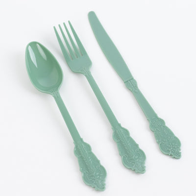 72 Pcs Plastic Silverware Set Dusty Sage Green in Baroque Style - Heavy Duty Disposable Knife, Fork, and Spoon Set