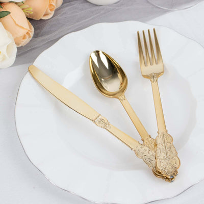 24 Pcs Plastic Silverware Set Metallic Gold in Baroque Style - Heavy Duty Disposable Knife, Fork, and Spoon Set