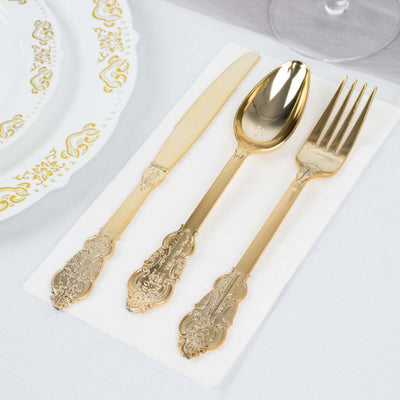 24 Pcs Plastic Silverware Set Metallic Gold in Baroque Style - Heavy Duty Disposable Knife, Fork, and Spoon Set