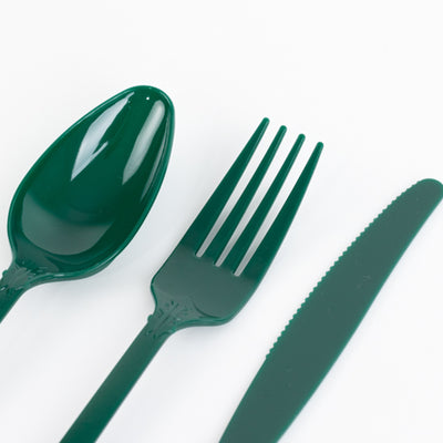 72 Pcs Plastic Silverware Set Hunter Emerald Green in Baroque Style - Heavy Duty Disposable Knife, Fork, and Spoon Set