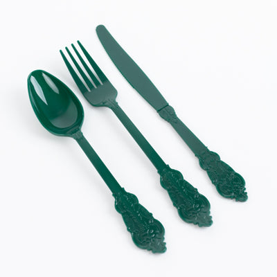 72 Pcs Plastic Silverware Set Hunter Emerald Green in Baroque Style - Heavy Duty Disposable Knife, Fork, and Spoon Set
