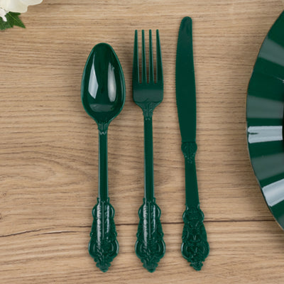 72 Pcs Plastic Silverware Set Hunter Emerald Green in Baroque Style - Heavy Duty Disposable Knife, Fork, and Spoon Set