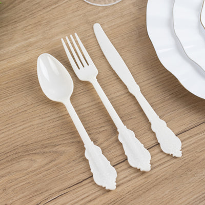 72 Pcs Plastic Silverware Set Ivory in Baroque Style - Heavy Duty Disposable Knife, Fork, and Spoon Set