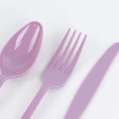 72 Pcs Plastic Silverware Set Lavender Lilac in Baroque Style - Heavy Duty Disposable Knife, Fork, and Spoon Set