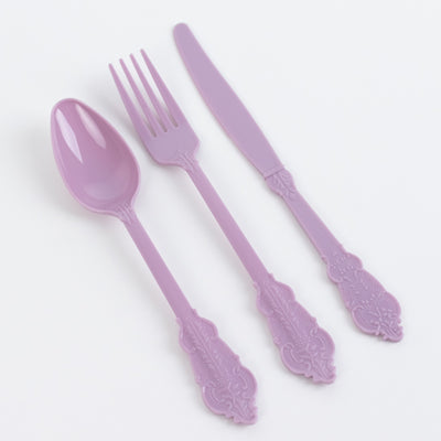 72 Pcs Plastic Silverware Set Lavender Lilac in Baroque Style - Heavy Duty Disposable Knife, Fork, and Spoon Set