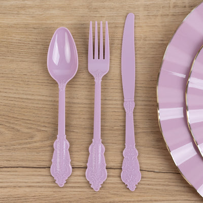 72 Pcs Plastic Silverware Set Lavender Lilac in Baroque Style - Heavy Duty Disposable Knife, Fork, and Spoon Set
