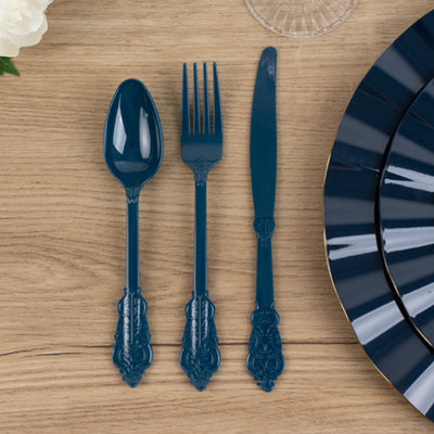 72 Pcs Plastic Silverware Set Navy Blue in Baroque Style - Heavy Duty Disposable Knife, Fork, and Spoon Set