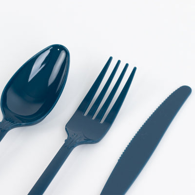 72 Pcs Plastic Silverware Set Navy Blue in Baroque Style - Heavy Duty Disposable Knife, Fork, and Spoon Set