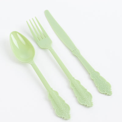 72 Pcs Plastic Silverware Set Sage Green in Baroque Style - Heavy Duty Disposable Knife, Fork, and Spoon Set