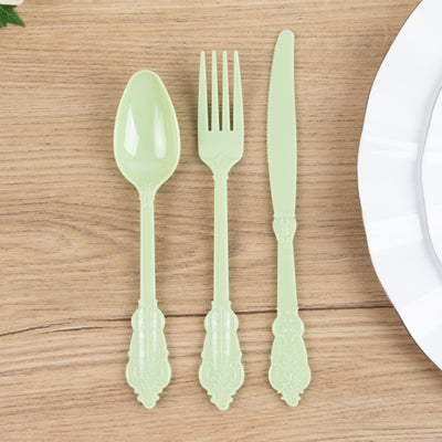72 Pcs Plastic Silverware Set Sage Green in Baroque Style - Heavy Duty Disposable Knife, Fork, and Spoon Set