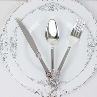 24 Pcs Plastic Silverware Set Metallic Silver in Baroque Style - Heavy Duty Disposable Knife, Fork, and Spoon Set