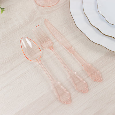 72 Pcs Plastic Silverware Set Transparent Blush in Baroque Style - Heavy Duty Disposable Knife, Fork, and Spoon Set