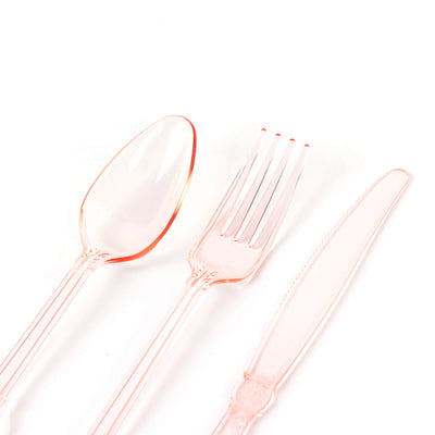 72 Pcs Plastic Silverware Set Transparent Blush in Baroque Style - Heavy Duty Disposable Knife, Fork, and Spoon Set
