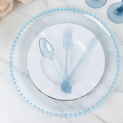 72 Pcs Plastic Silverware Set Transparent Dusty Blue in Baroque Style - Heavy Duty Disposable Knife, Fork, and Spoon Set