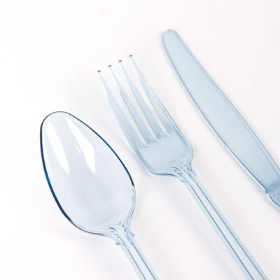 72 Pcs Plastic Silverware Set Transparent Dusty Blue in Baroque Style - Heavy Duty Disposable Knife, Fork, and Spoon Set