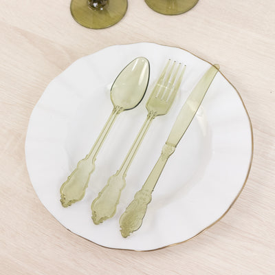 72 Pcs Plastic Silverware Set Transparent Dusty Sage Green in Baroque Style - Heavy Duty Disposable Knife, Fork, and Spoon Set