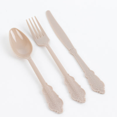 72 Pcs Plastic Silverware Set Taupe in Baroque Style - Heavy Duty Disposable Knife, Fork, and Spoon Set