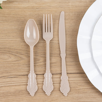 72 Pcs Plastic Silverware Set Taupe in Baroque Style - Heavy Duty Disposable Knife, Fork, and Spoon Set