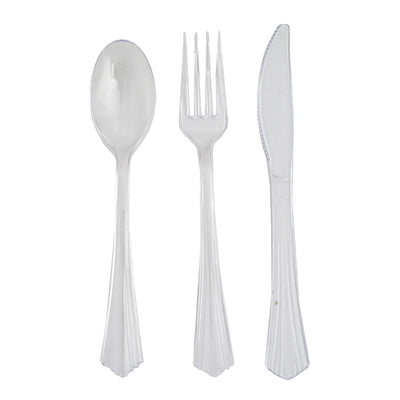 24-Pack Plastic Silverware Set 7" Clear with Fan Flared Tip Handle - Heavy Duty Disposable Fork, Spoon, and Knife