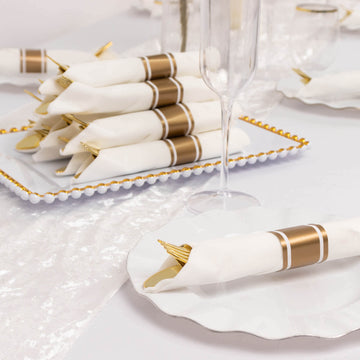 Set of 24 Gold Plastic Silverware with Pre Rolled White Paper Napkins, Disposable Wrapped Cutlery Set - 24 Napkins, 24 Spoons, 24 Forks and 24 Knives