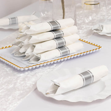 Set of 24 Silver Plastic Silverware with Pre Rolled White Paper Napkins, Disposable Wrapped Cutlery Set - 24 Napkins, 24 Spoons, 24 Forks and 24 Knives