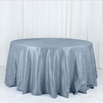 Dusty Blue Accordion Crinkle Taffeta Seamless Round Tablecloth 132" for 6 Foot Table With Floor-Length Drop