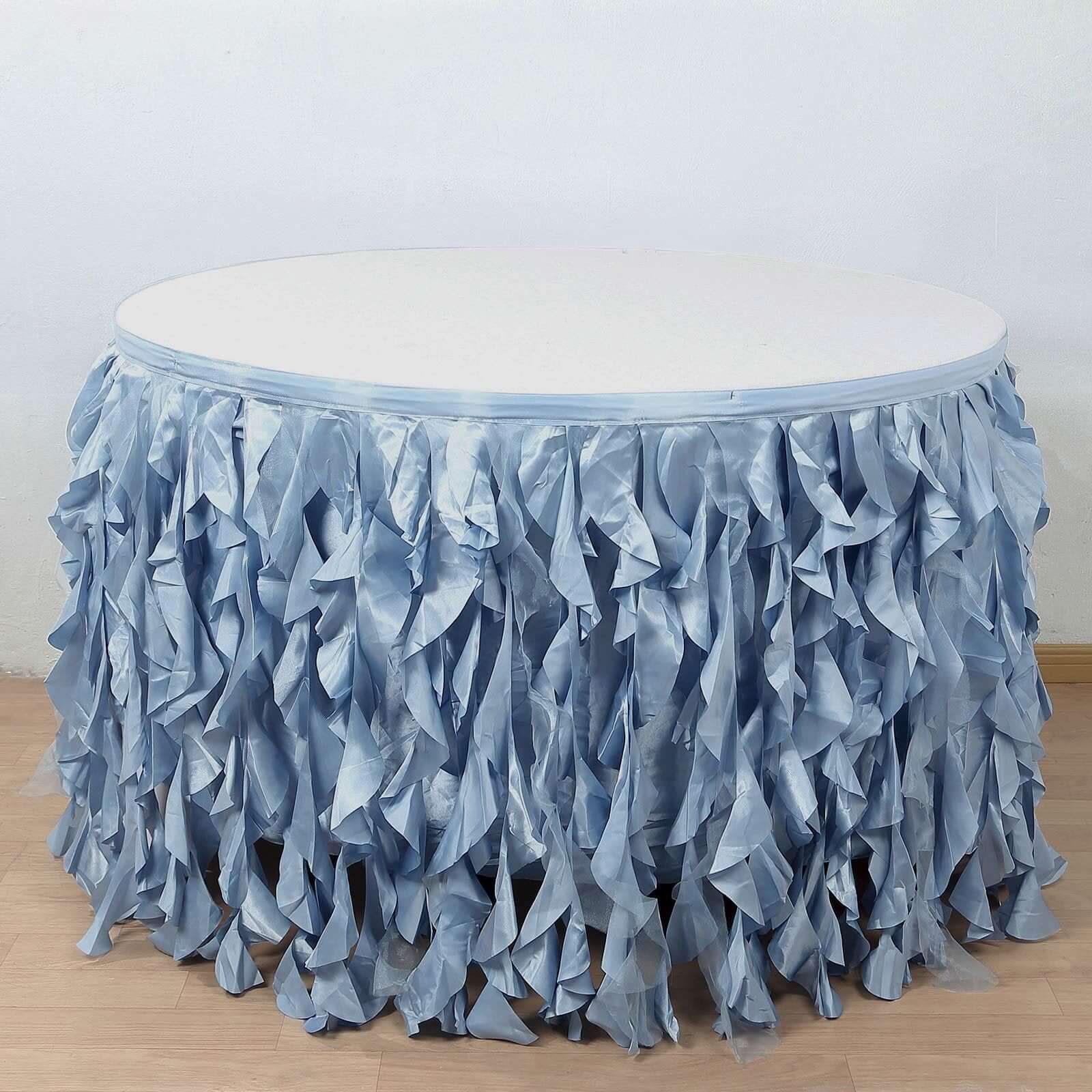 Dusty Blue Curly Willow Taffeta Table Skirt | eFavormart.com