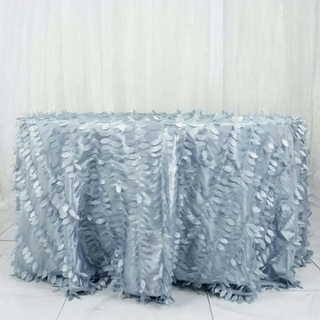 Dusty Blue 3D Leaf Petal Taffeta Fabric Seamless Round Tablecloth 132" for 6 Foot Table With Floor-Length Drop