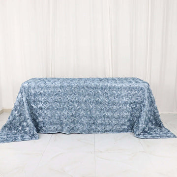 Dusty Blue Seamless Grandiose 3D Rosette Satin Rectangle Tablecloth 90"x132" for 6 Foot Table With Floor-Length Drop