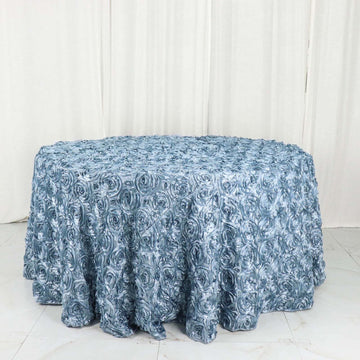 Dusty Blue Seamless Grandiose 3D Rosette Satin Round Tablecloth 120" for 5 Foot Table With Floor-Length Drop