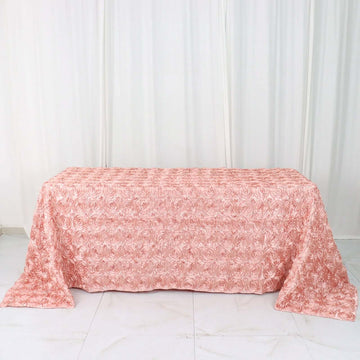 Dusty Rose Seamless Grandiose 3D Rosette Satin Rectangle Tablecloth 90"x132" for 6 Foot Table With Floor-Length Drop