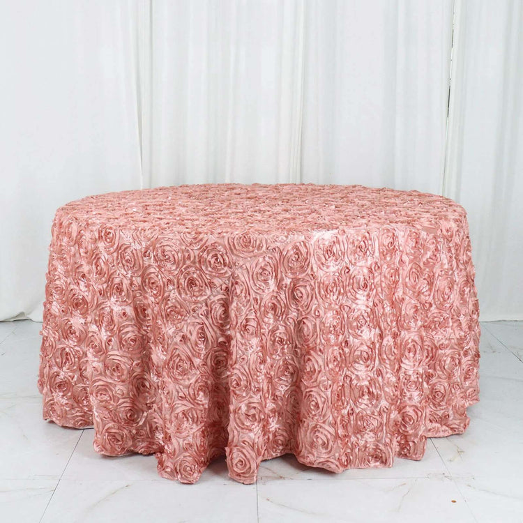 Dusty Rose Grandiose 3D Rosette Satin Round Tablecloth 120 Inch