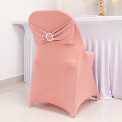 Stretch Spandex Folding Chair Cover Dusty Rose - Wrinkle Resistant Fitted Slipcover with Silver Rhinestone Buckled Sash Band Accent