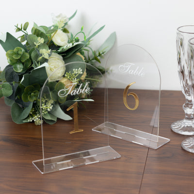 Wedding Table Numbers 1-10 – Clear Arch Acrylic with Gold Print & Stands for Elegant Receptions - 6"x7"