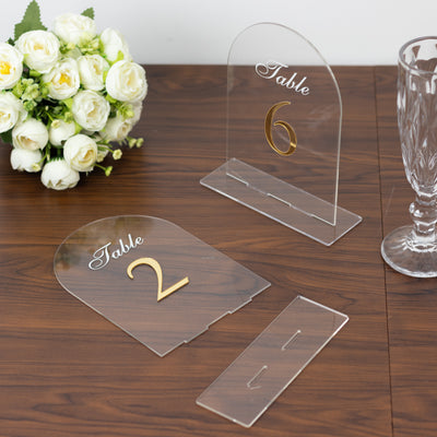 Wedding Table Numbers 1-10 – Clear Arch Acrylic with Gold Print & Stands for Elegant Receptions - 6"x7"