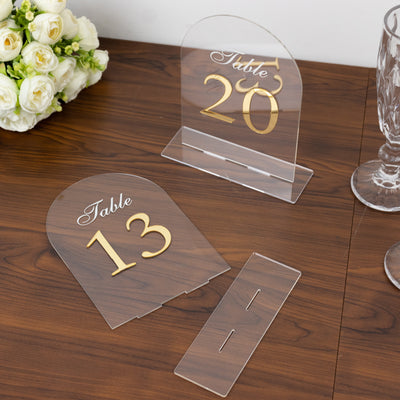 Wedding Table Numbers 11-20 – Clear Arch Acrylic with Gold Print & Stands for Elegant Receptions - 6"x7"