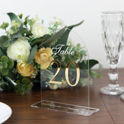 Wedding Table Numbers 11-20 – Clear Arch Acrylic with Gold Print & Stands for Elegant Receptions - 6"x7"