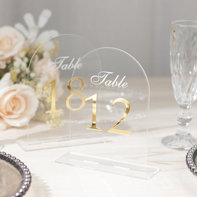 Wedding Table Numbers 11-20 – Clear Arch Acrylic with Gold Print & Stands for Elegant Receptions - 6"x7"