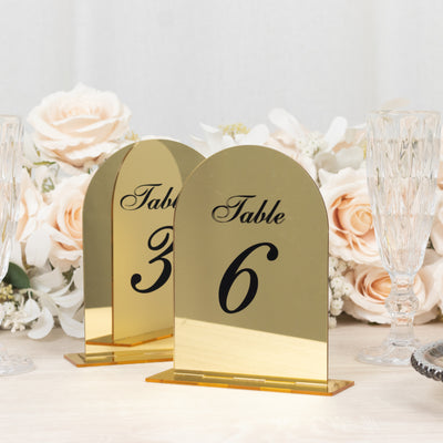 Wedding Table Numbers 1-10 – Gold Mirror Arch Acrylic with Black Print & Stands for Elegant Receptions - 6"x7"
