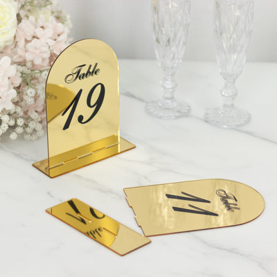 Wedding Table Numbers 11-20 – Gold Mirror Arch Acrylic with Black Print & Stands for Elegant Receptions - 6"x7"