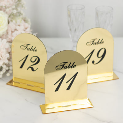 Wedding Table Numbers 11-20 – Gold Mirror Arch Acrylic with Black Print & Stands for Elegant Receptions - 6"x7"
