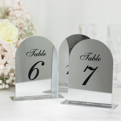 Wedding Table Numbers 1-10 – Silver Mirror Arch Acrylic with Black Print & Stands for Elegant Receptions - 6"x7"