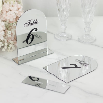 Wedding Table Numbers 1-10 – Silver Mirror Arch Acrylic with Black Print & Stands for Elegant Receptions - 6"x7"
