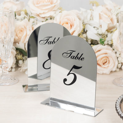 Wedding Table Numbers 1-10 – Silver Mirror Arch Acrylic with Black Print & Stands for Elegant Receptions - 6"x7"
