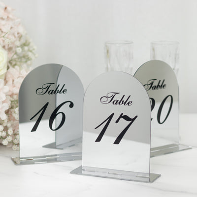 Wedding Table Numbers 11-20 – Silver Mirror Arch Acrylic with Black Print & Stands for Elegant Receptions - 6"x7"