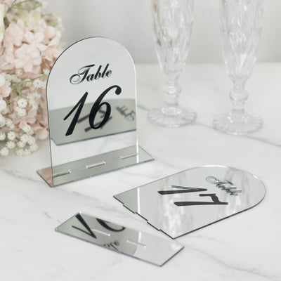 Wedding Table Numbers 11-20 – Silver Mirror Arch Acrylic with Black Print & Stands for Elegant Receptions - 6"x7"