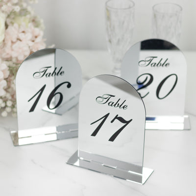 Wedding Table Numbers 11-20 – Silver Mirror Arch Acrylic with Black Print & Stands for Elegant Receptions - 6"x7"