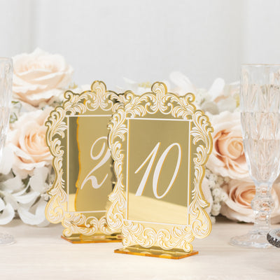 Wedding Table Numbers 1-10 – Gold Mirror Arch Acrylic with Baroque Lace Border, White Print & Stands for Elegant Receptions - 5"x7"